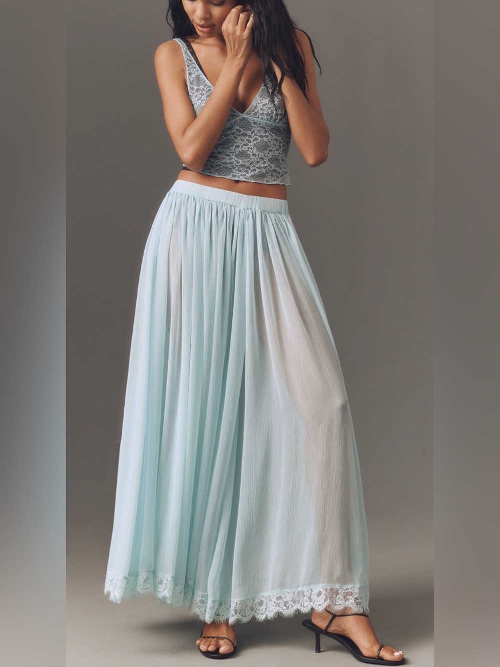 Anthropologie Sheer Lace Trim Maxi Skirt Soft Mint Blue Romantic Coquette S NWOT